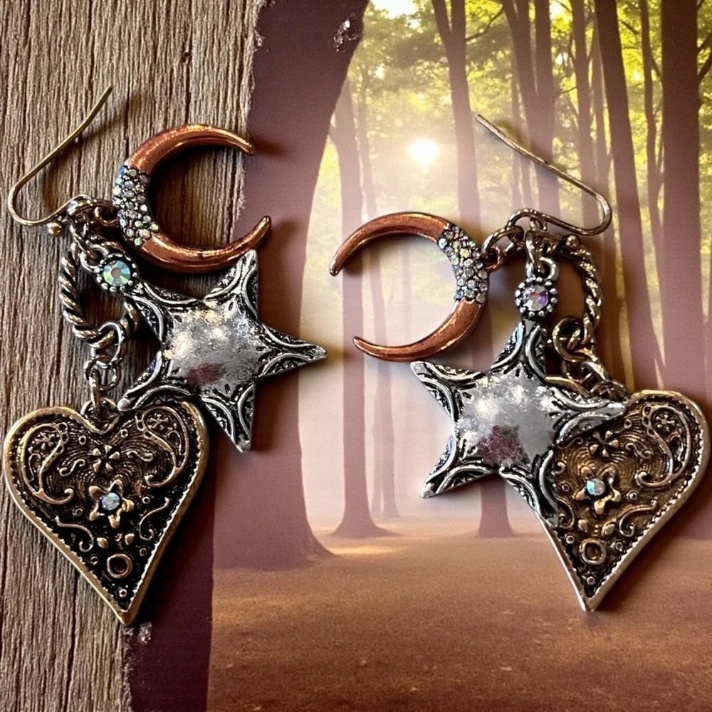 Boho Silver, Copper, and Bronze Toned Star and Heart Earrings Celestial Witchy